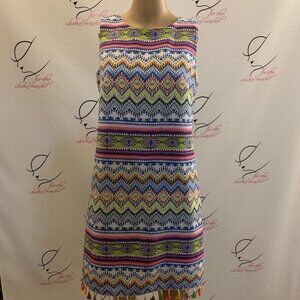 Madison Leigh. Sz 6. Tassel Fringe Shift/Sheath. Border Print. Back Zip. B96